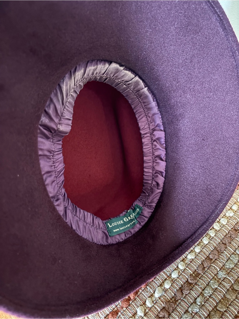 Louise Green Wool Felt Wide Brim Hat Burgundy Colorblock Satin Statement Derby - Picture 10 of 11